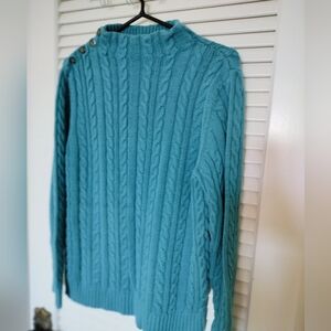 Teal Cable Knit Sweater Mock Neck Button Detail